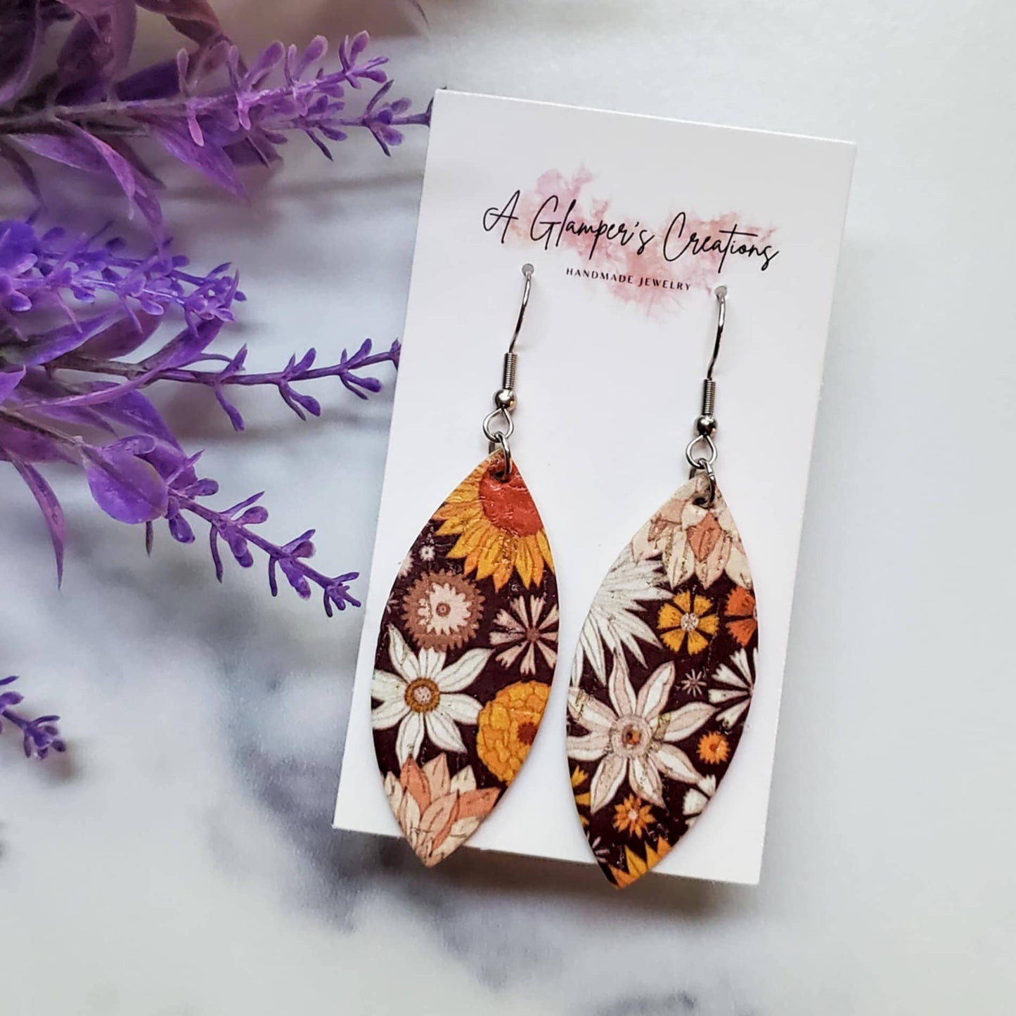 A Glamper's Creations LLC - Retro Floral Pointed Oval Leather Earrings