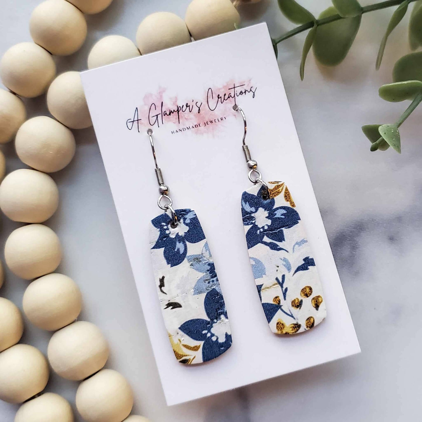 A Glamper's Creations LLC - Navy & Mustard Floral Mini Bar Leather Earrings