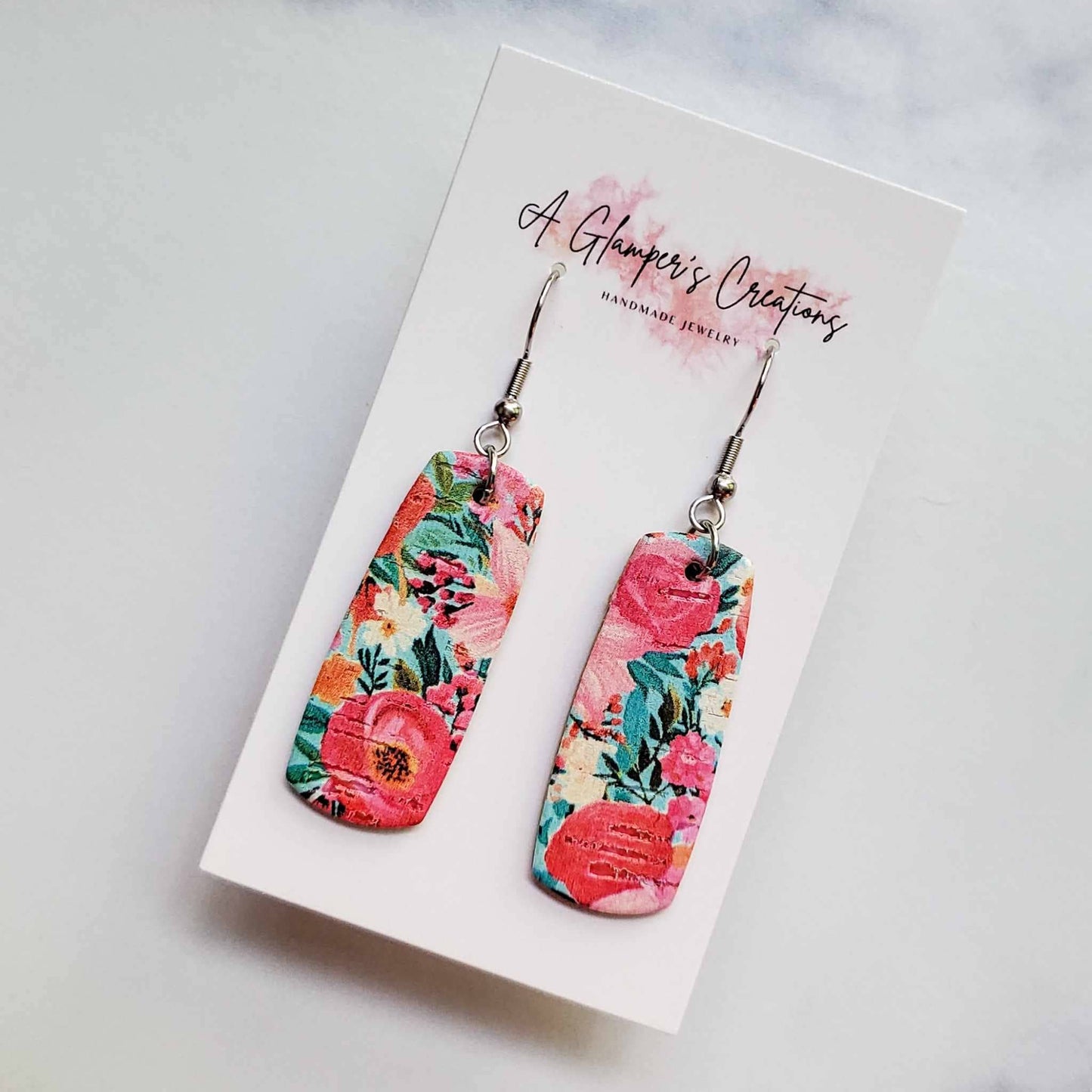 A Glamper's Creations LLC - Pink Summer Floral Mini Bar Leather Earrings