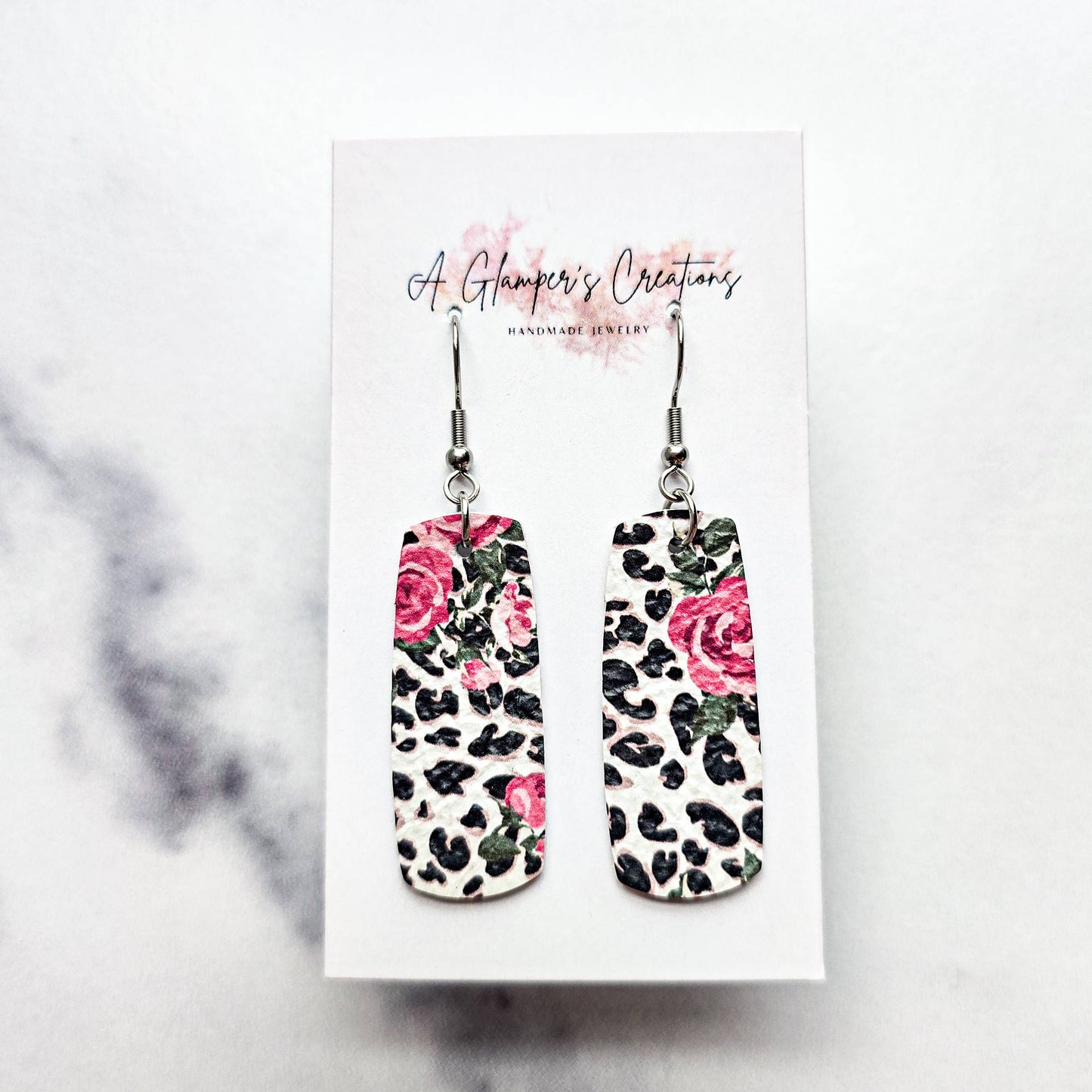 A Glamper's Creations LLC - Leopard & Pink Floral Mini Bar Leather Earrings