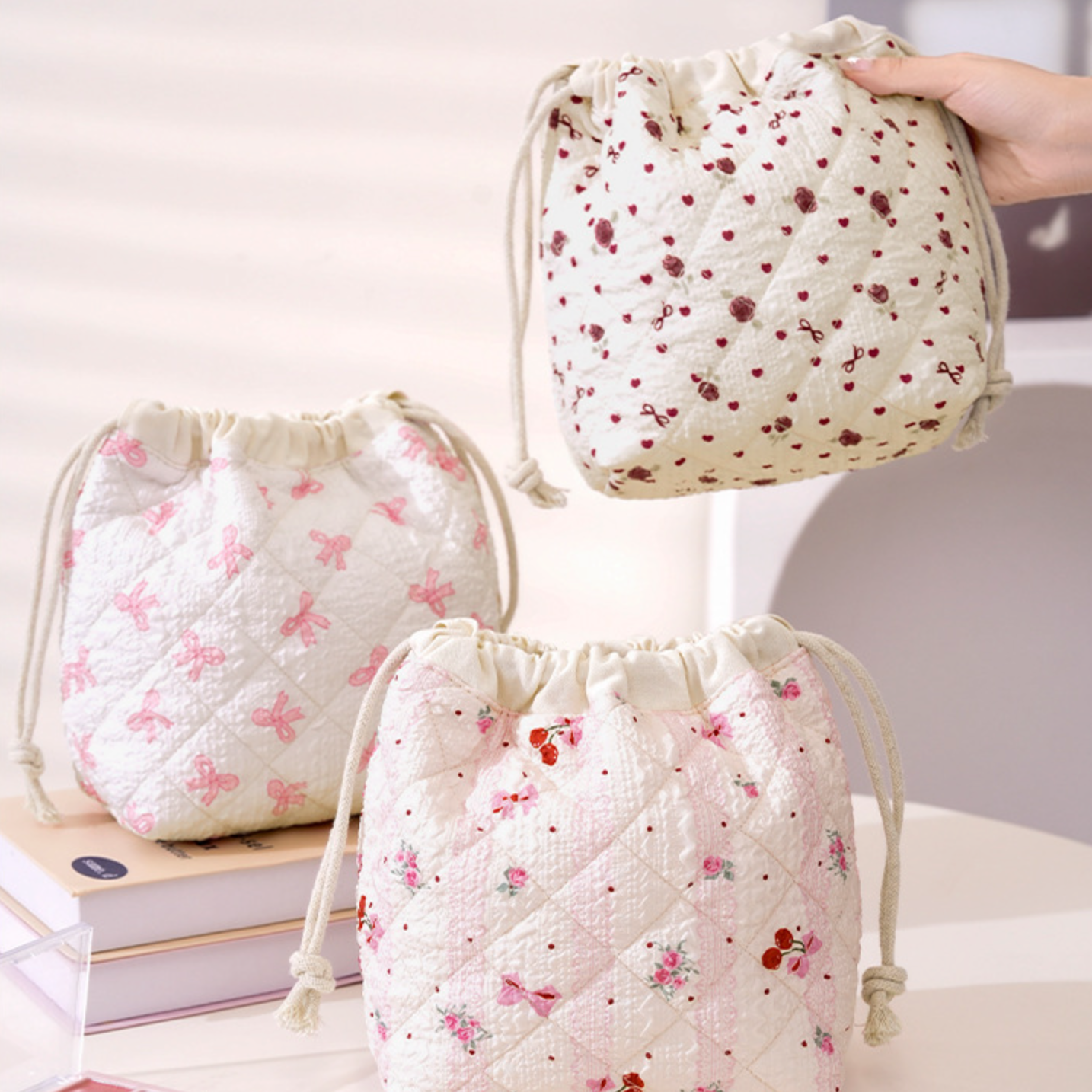 Juniper Tide - Patterned Quilted Drawstring Cosmetic Bag: Cherry