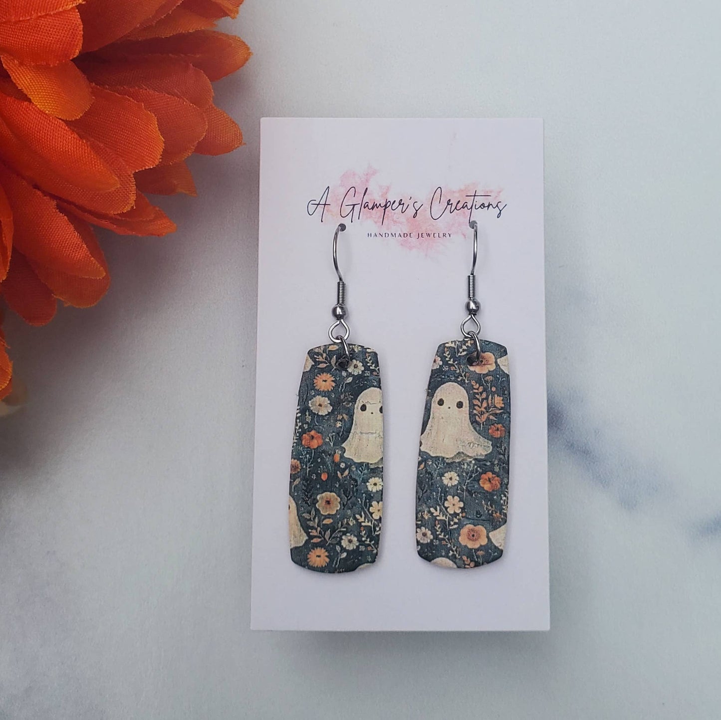 A Glamper's Creations LLC - Ghosts & Mini Floral Mini Bar Leather Earrings