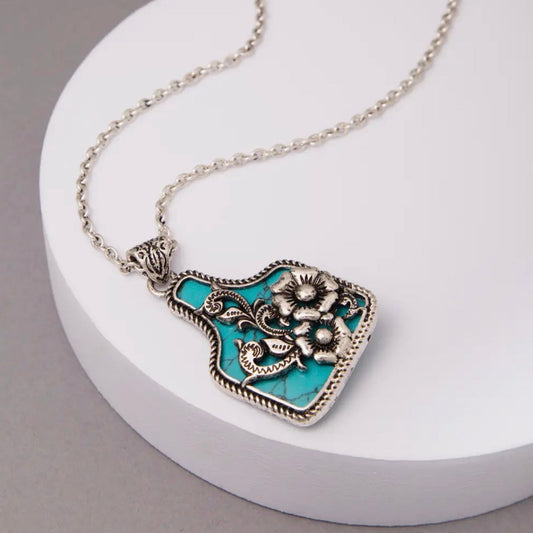 Western Turquoise Floral Cattle Tag Pendant Necklace