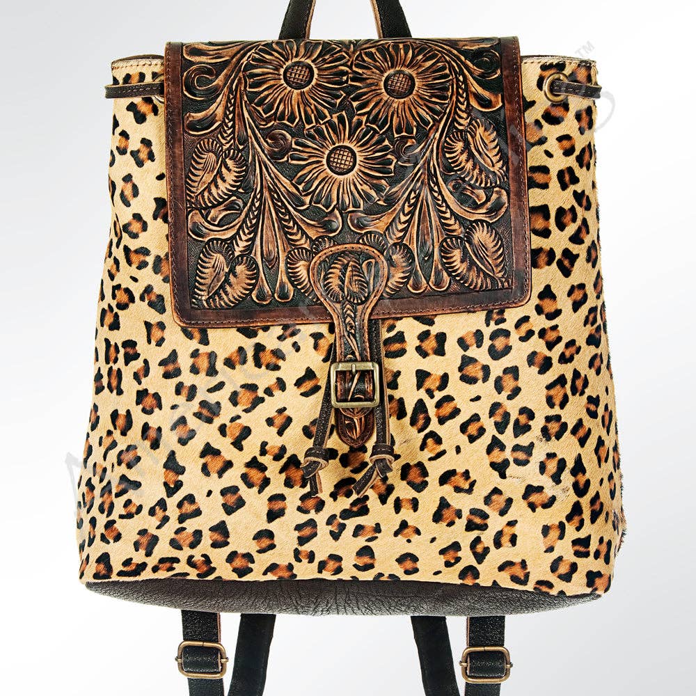 LS Western - LC-ADBGZ101CHE Leopard Print Cowhide Backpack with Floral Tooled Leather Flap - Western Chic: ADBGZ101CHE
