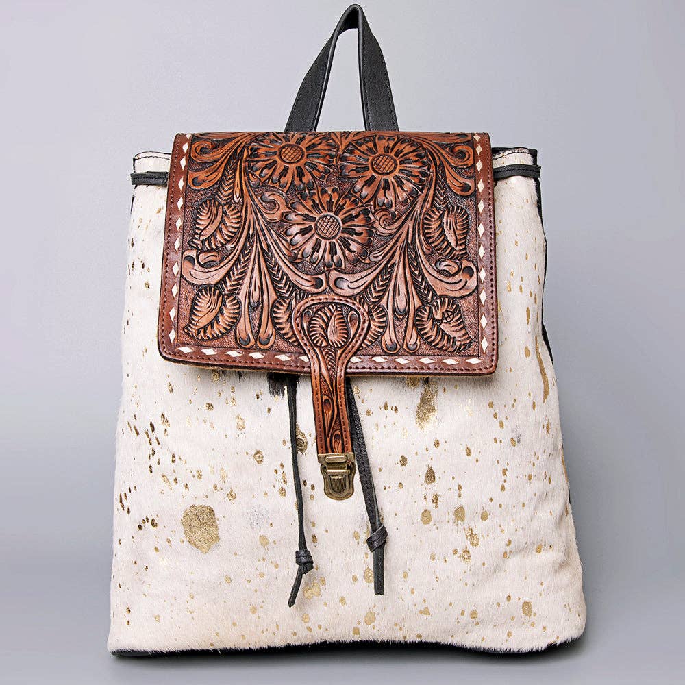 LS Western - LC-ADBGZ101ACGO Gold Speckled Cowhide Backpack with Hand-Tooled Floral Leather Flap - Western Boho Travel Bag: ADBGZ101ACGO