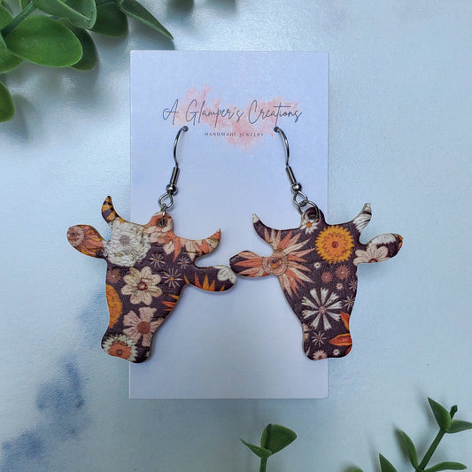 A Glamper's Creations LLC - Retro Floral Cow Western Leather Earrings