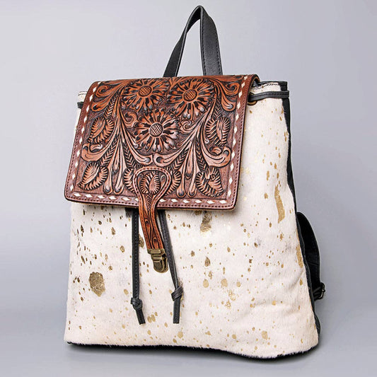 LS Western - LC-ADBGZ101ACGO Gold Speckled Cowhide Backpack with Hand-Tooled Floral Leather Flap - Western Boho Travel Bag: ADBGZ101ACGO