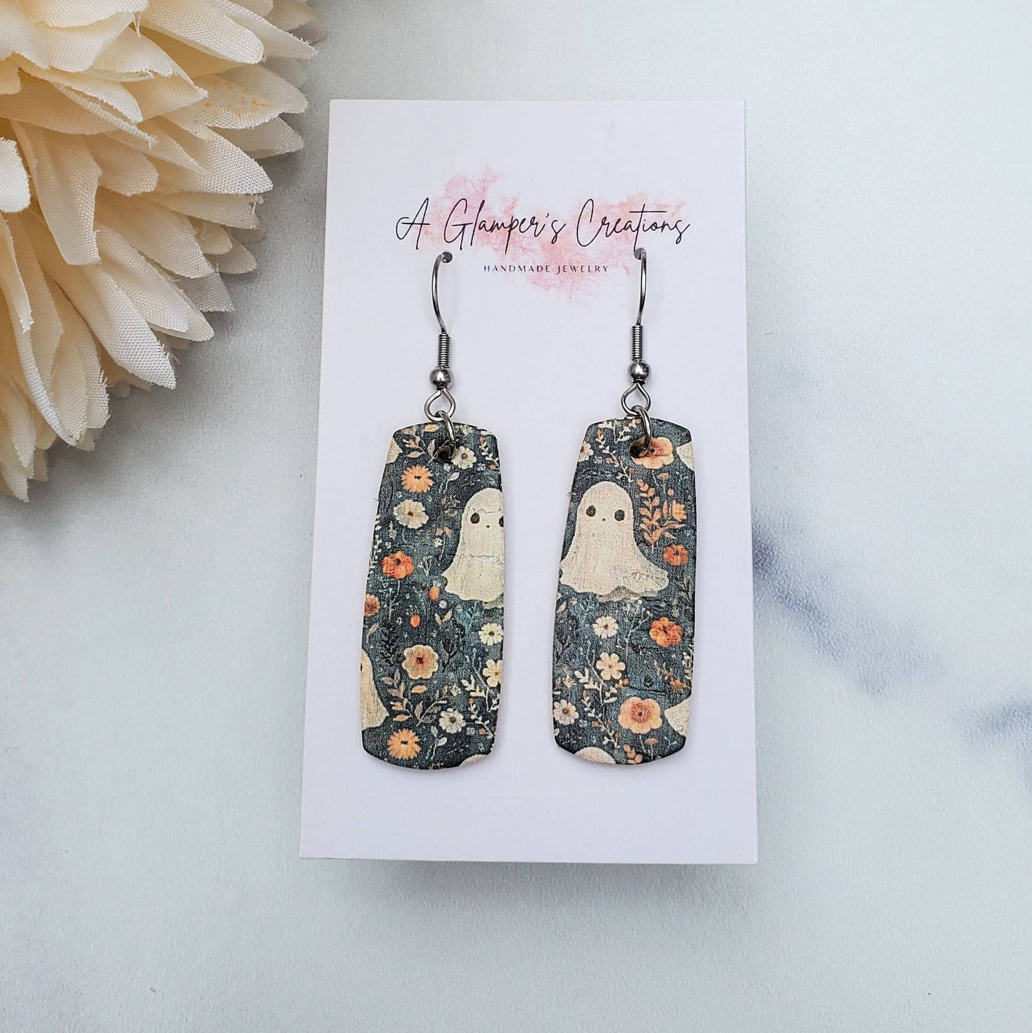 A Glamper's Creations LLC - Ghosts & Mini Floral Mini Bar Leather Earrings