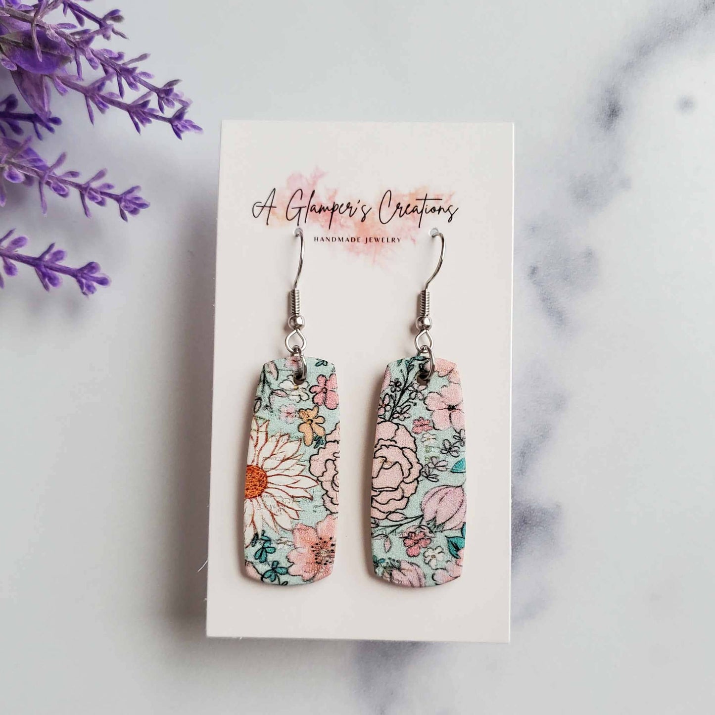 A Glamper's Creations LLC - Boho Floral on Light Blue Mini Bar Leather Earrings