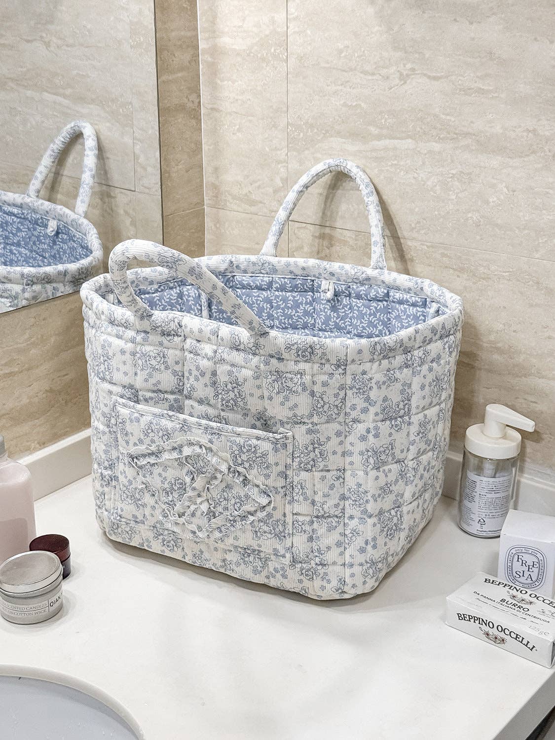 Juniper Tide - Corduroy Floral Storage Tote: Blue