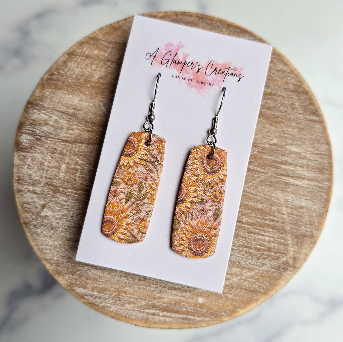A Glamper's Creations LLC - Fall Sunflowers Mini Bar Leather Earrings