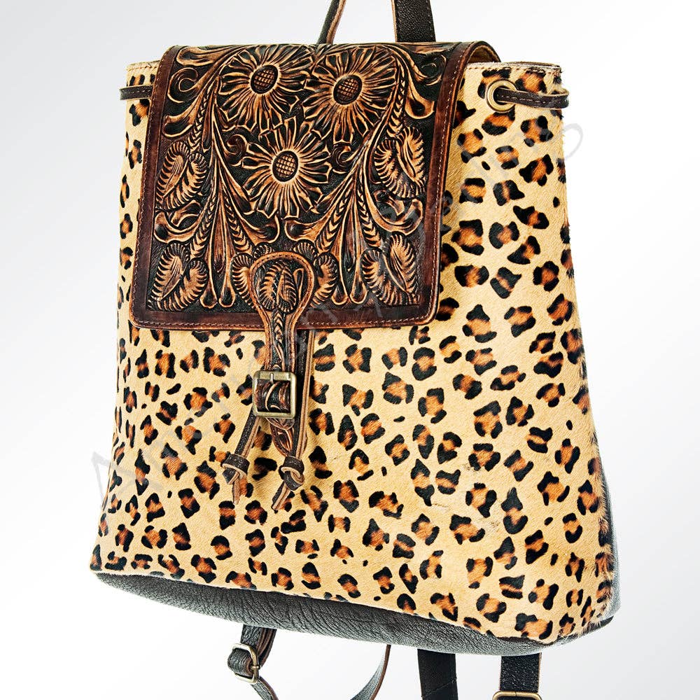 LS Western - LC-ADBGZ101CHE Leopard Print Cowhide Backpack with Floral Tooled Leather Flap - Western Chic: ADBGZ101CHE