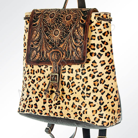 LS Western - LC-ADBGZ101CHE Leopard Print Cowhide Backpack with Floral Tooled Leather Flap - Western Chic: ADBGZ101CHE