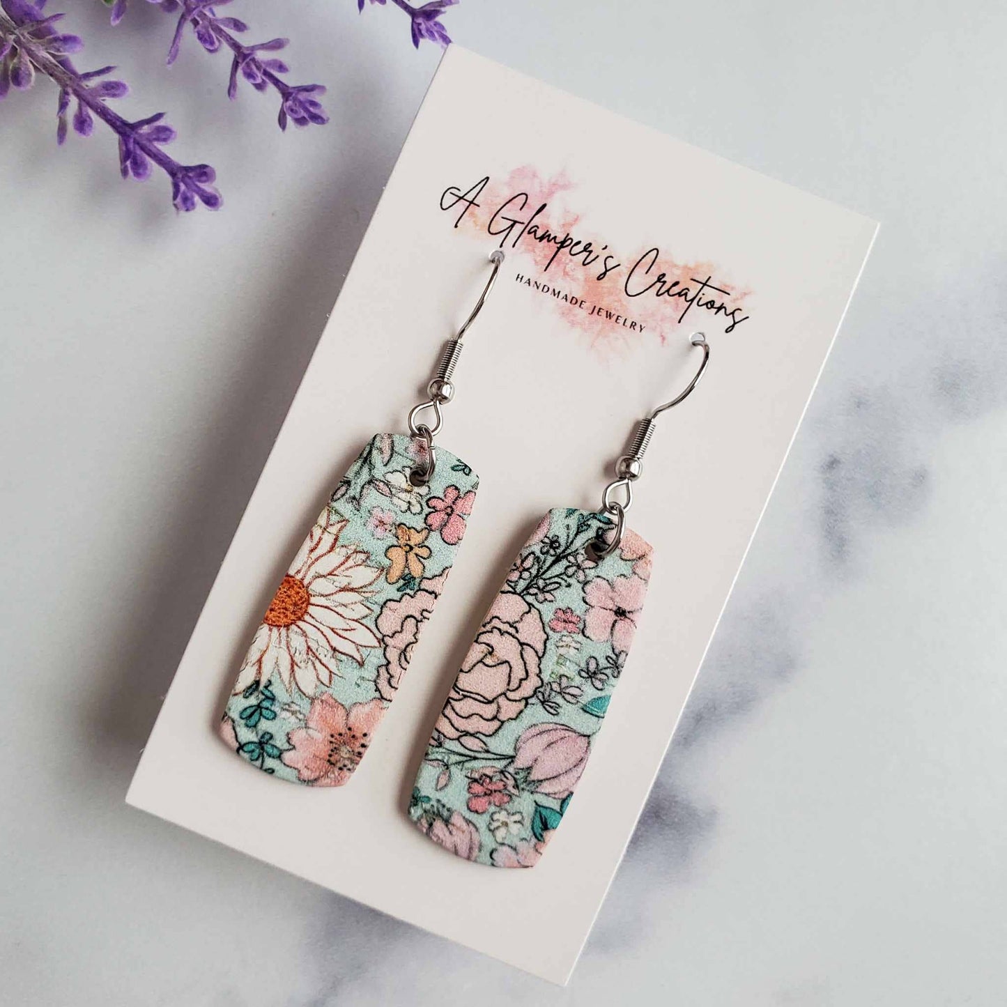 A Glamper's Creations LLC - Boho Floral on Light Blue Mini Bar Leather Earrings