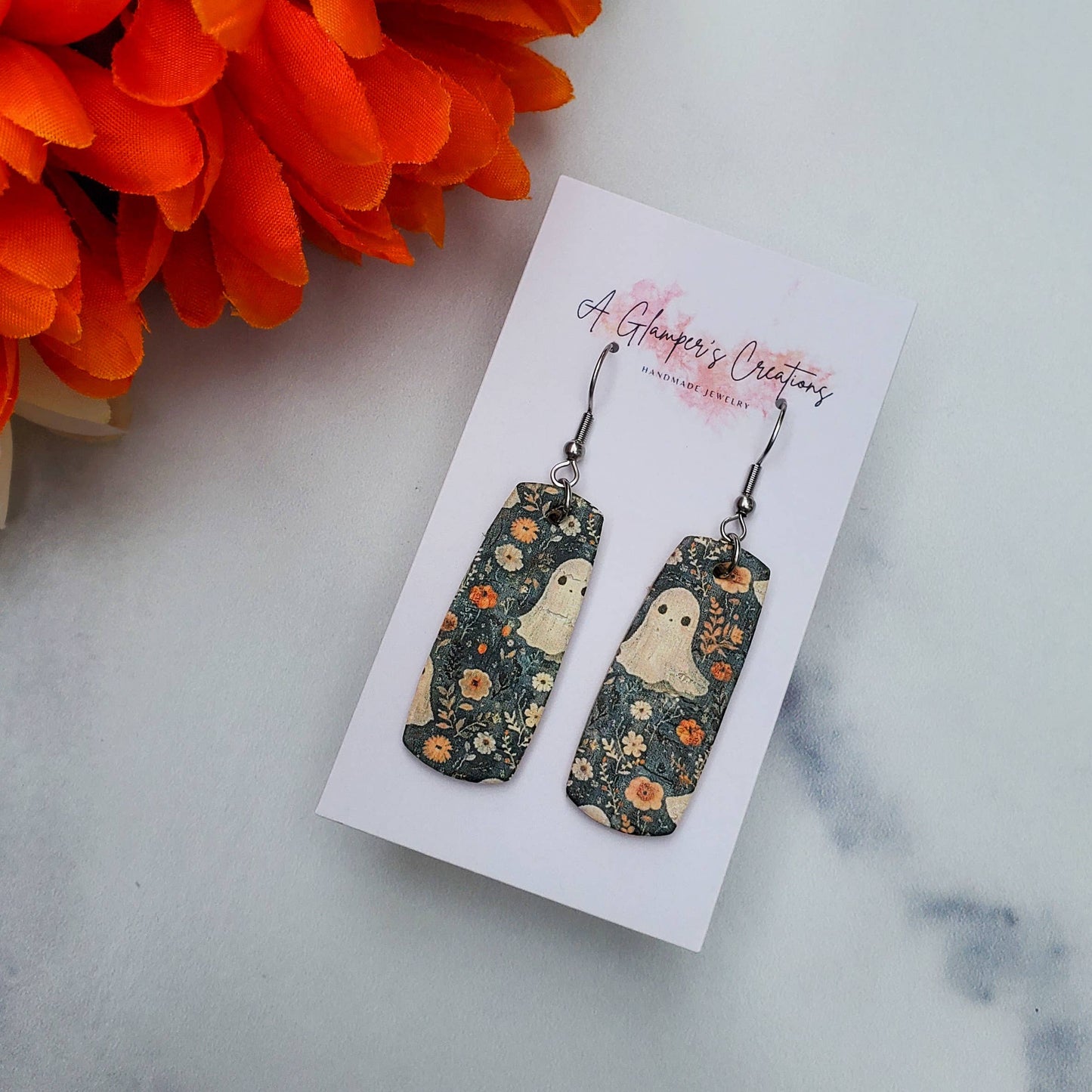 A Glamper's Creations LLC - Ghosts & Mini Floral Mini Bar Leather Earrings