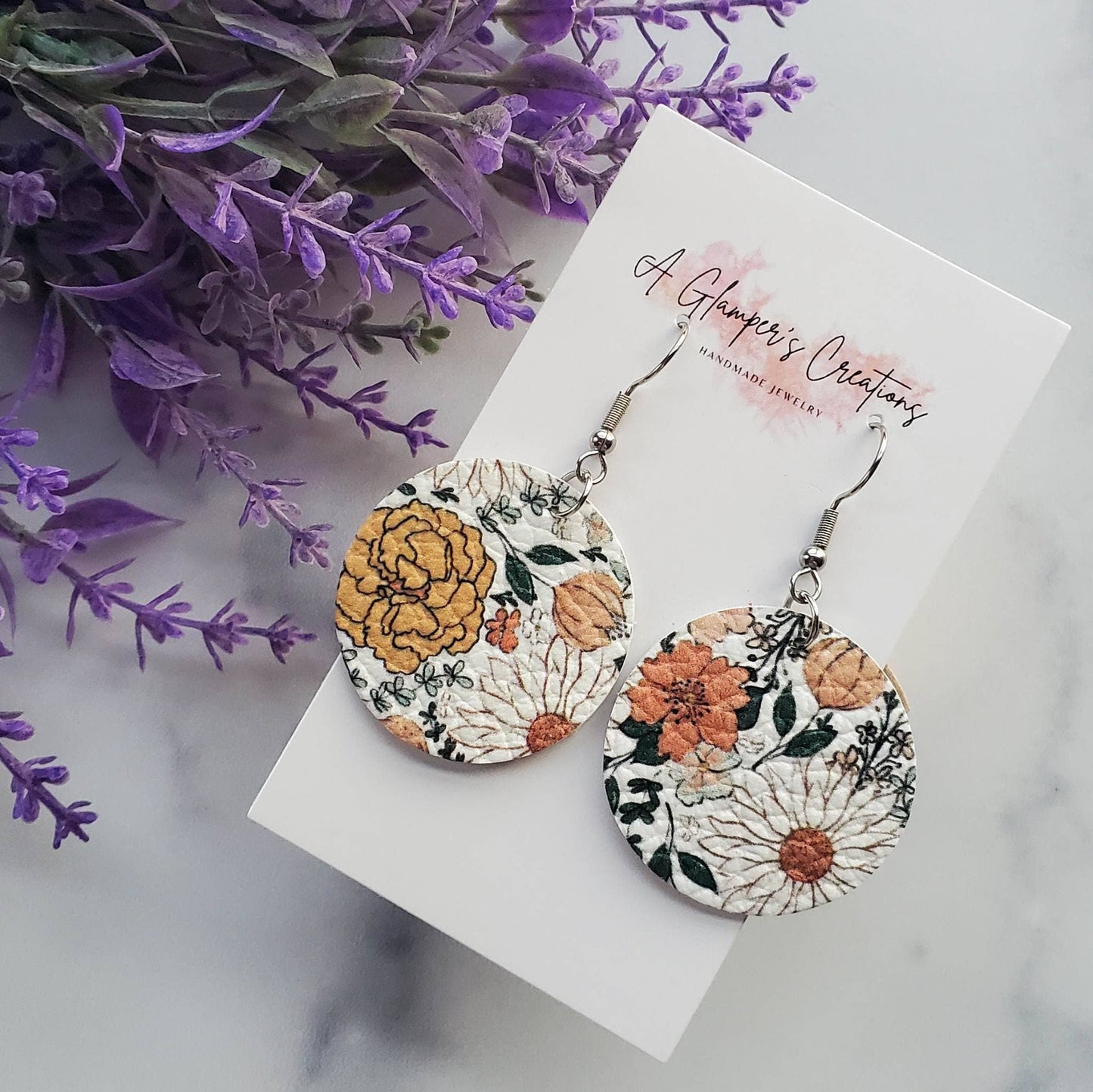 A Glamper's Creations LLC - Boho Floral Circle Drops Leather Earrings
