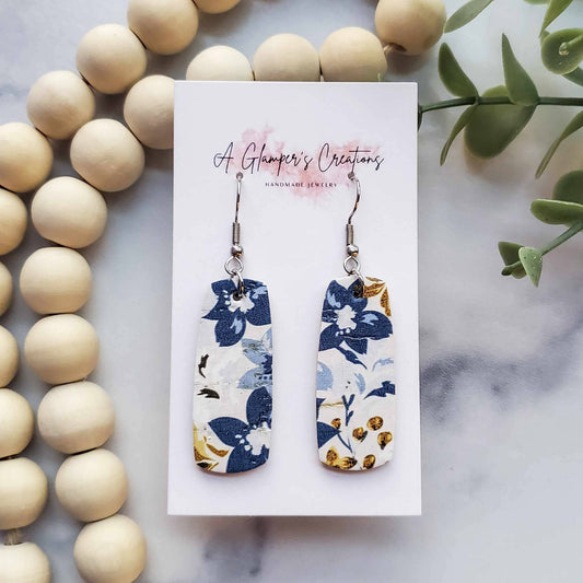 A Glamper's Creations LLC - Navy & Mustard Floral Mini Bar Leather Earrings