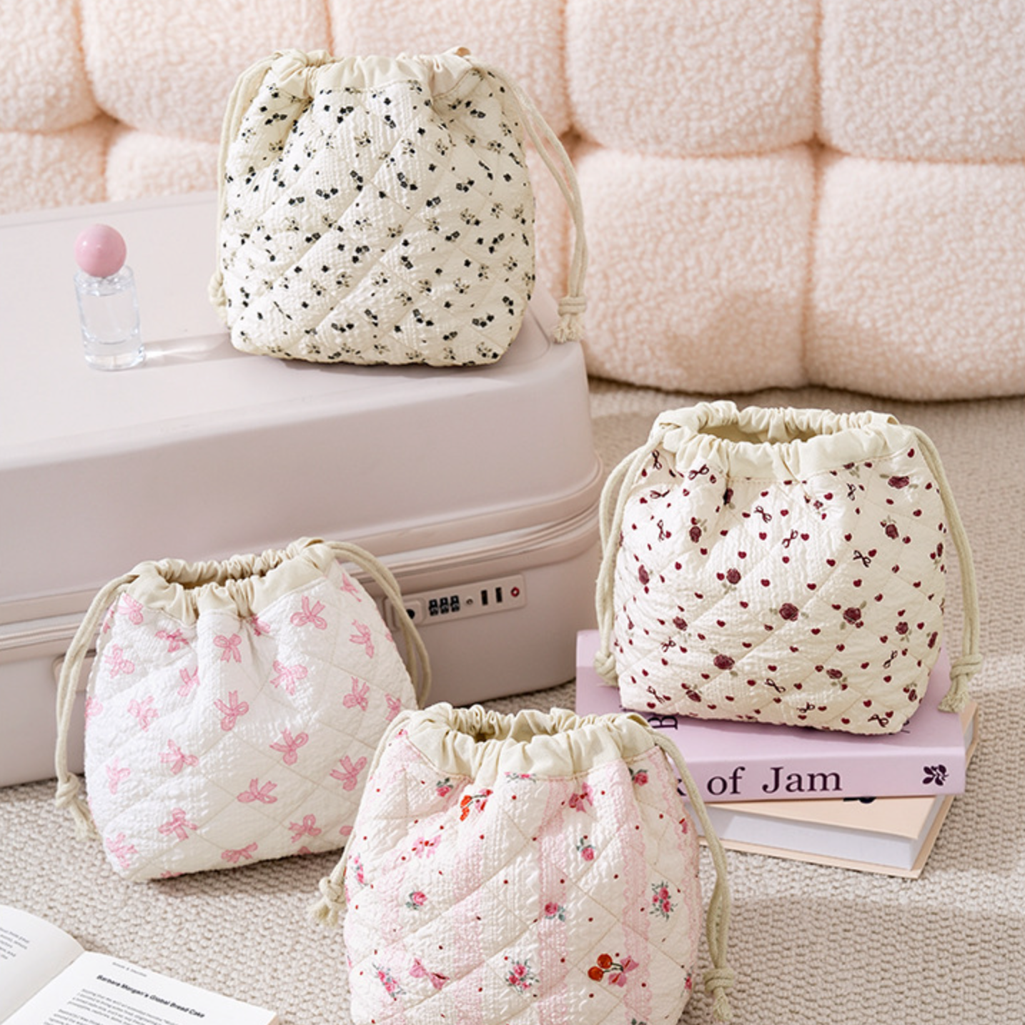 Juniper Tide - Patterned Quilted Drawstring Cosmetic Bag: Cherry