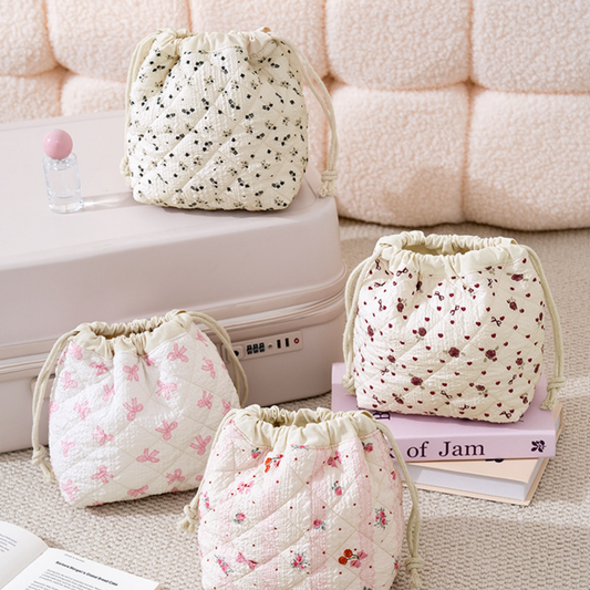 Juniper Tide - Patterned Quilted Drawstring Cosmetic Bag: Cherry