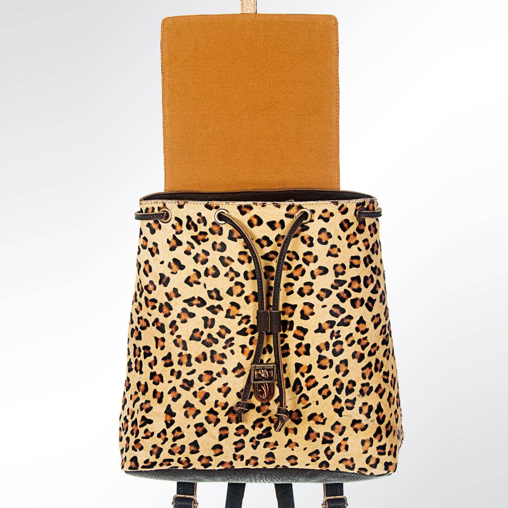 LS Western - LC-ADBGZ101CHE Leopard Print Cowhide Backpack with Floral Tooled Leather Flap - Western Chic: ADBGZ101CHE
