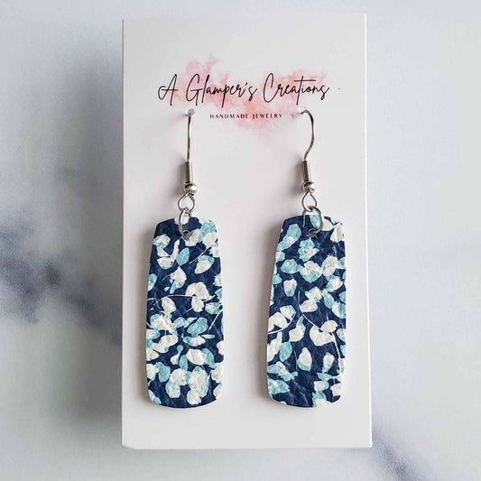 A Glamper's Creations LLC - White & Blue Floral Mini Bar Leather Earrings