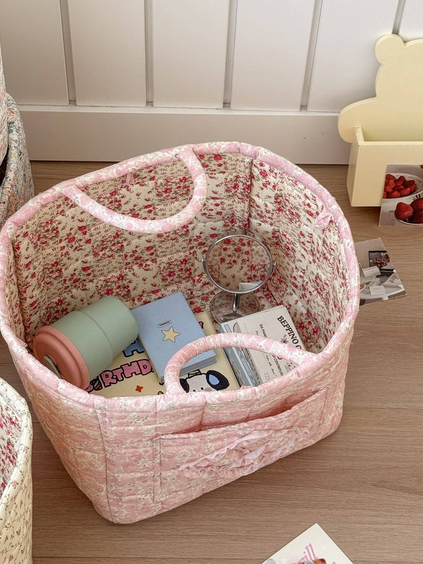 Juniper Tide - Quilted Floral Storage Tote: Pink
