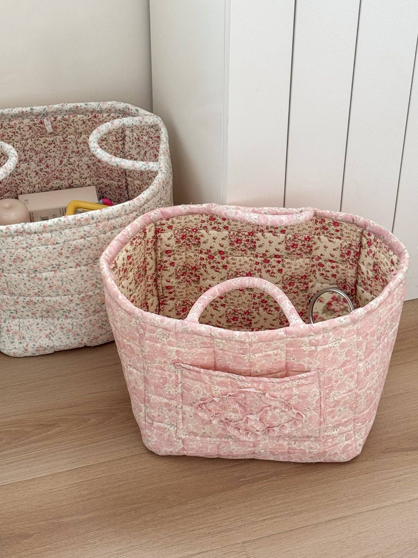 Juniper Tide - Quilted Floral Storage Tote: Pink
