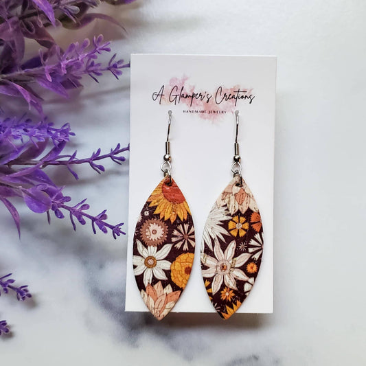 A Glamper's Creations LLC - Retro Floral Pointed Oval Leather Earrings