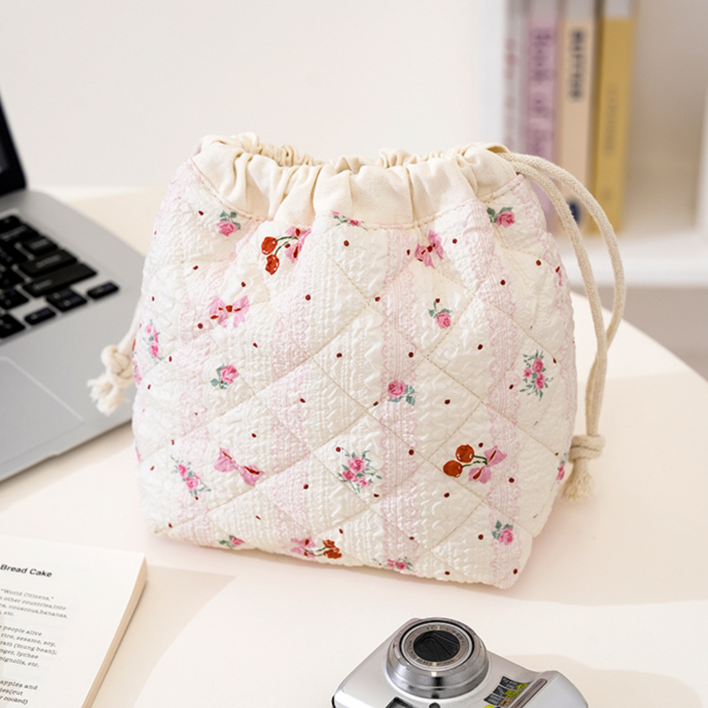 Juniper Tide - Patterned Quilted Drawstring Cosmetic Bag: Cherry