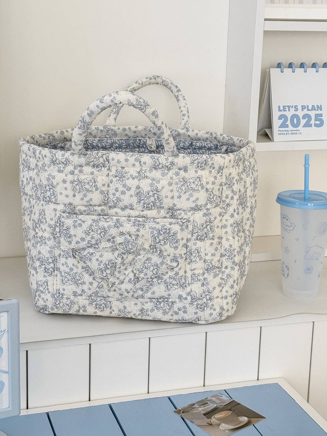 Juniper Tide - Corduroy Floral Storage Tote: Blue