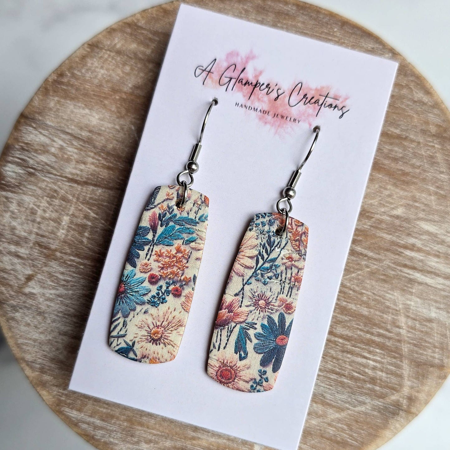 A Glamper's Creations LLC - Fall Faux Embroidery Floral Mini Bar Leather Earrings