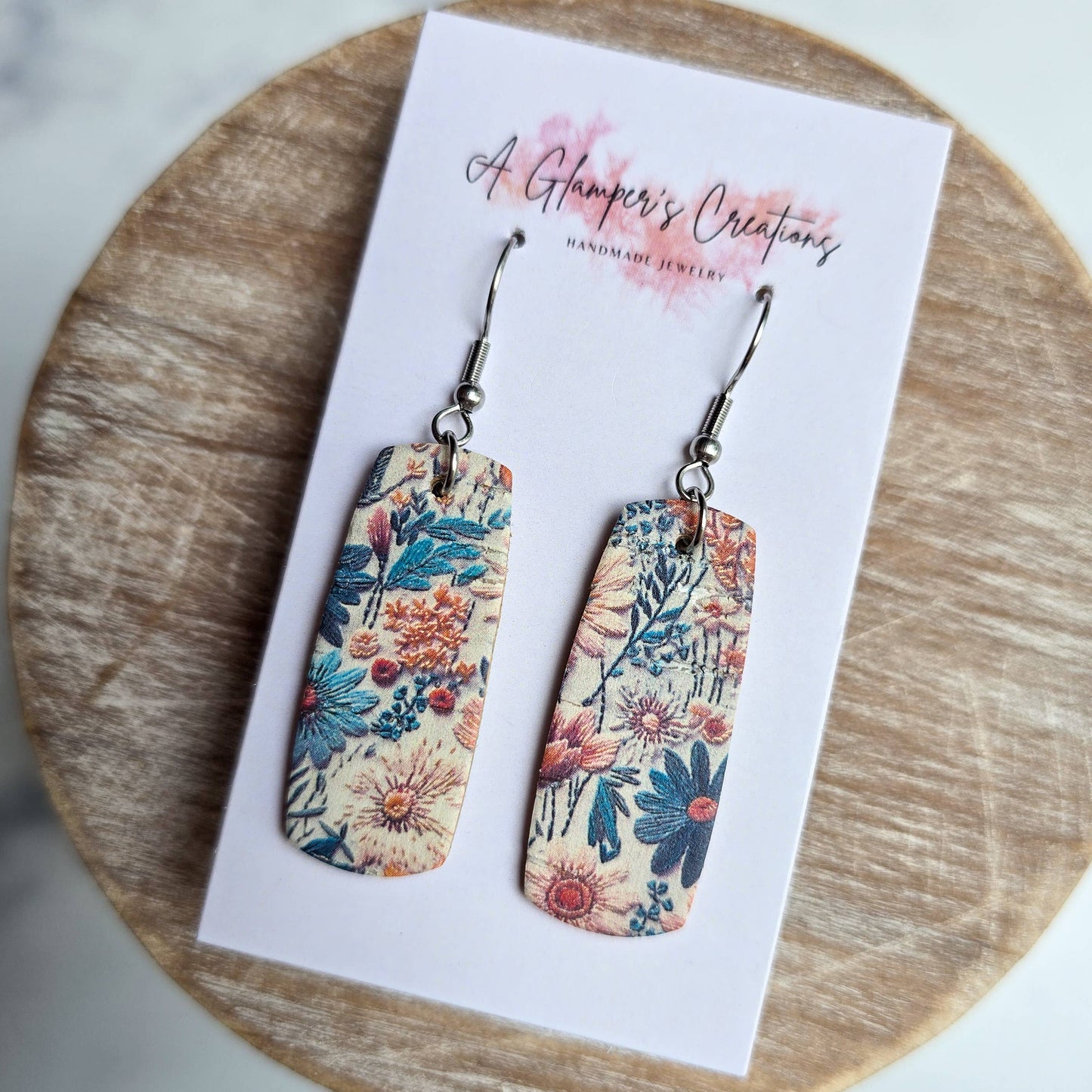 A Glamper's Creations LLC - Fall Faux Embroidery Floral Mini Bar Leather Earrings