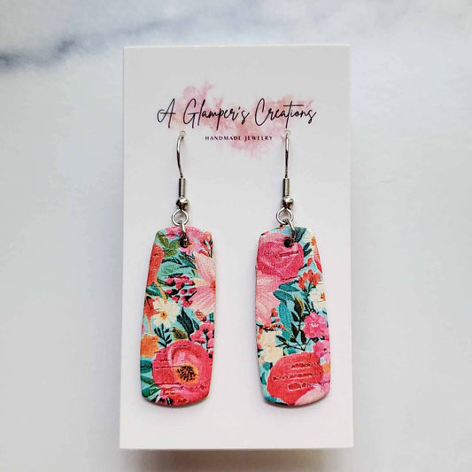 A Glamper's Creations LLC - Pink Summer Floral Mini Bar Leather Earrings