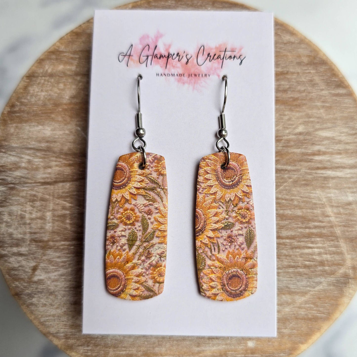 A Glamper's Creations LLC - Fall Sunflowers Mini Bar Leather Earrings