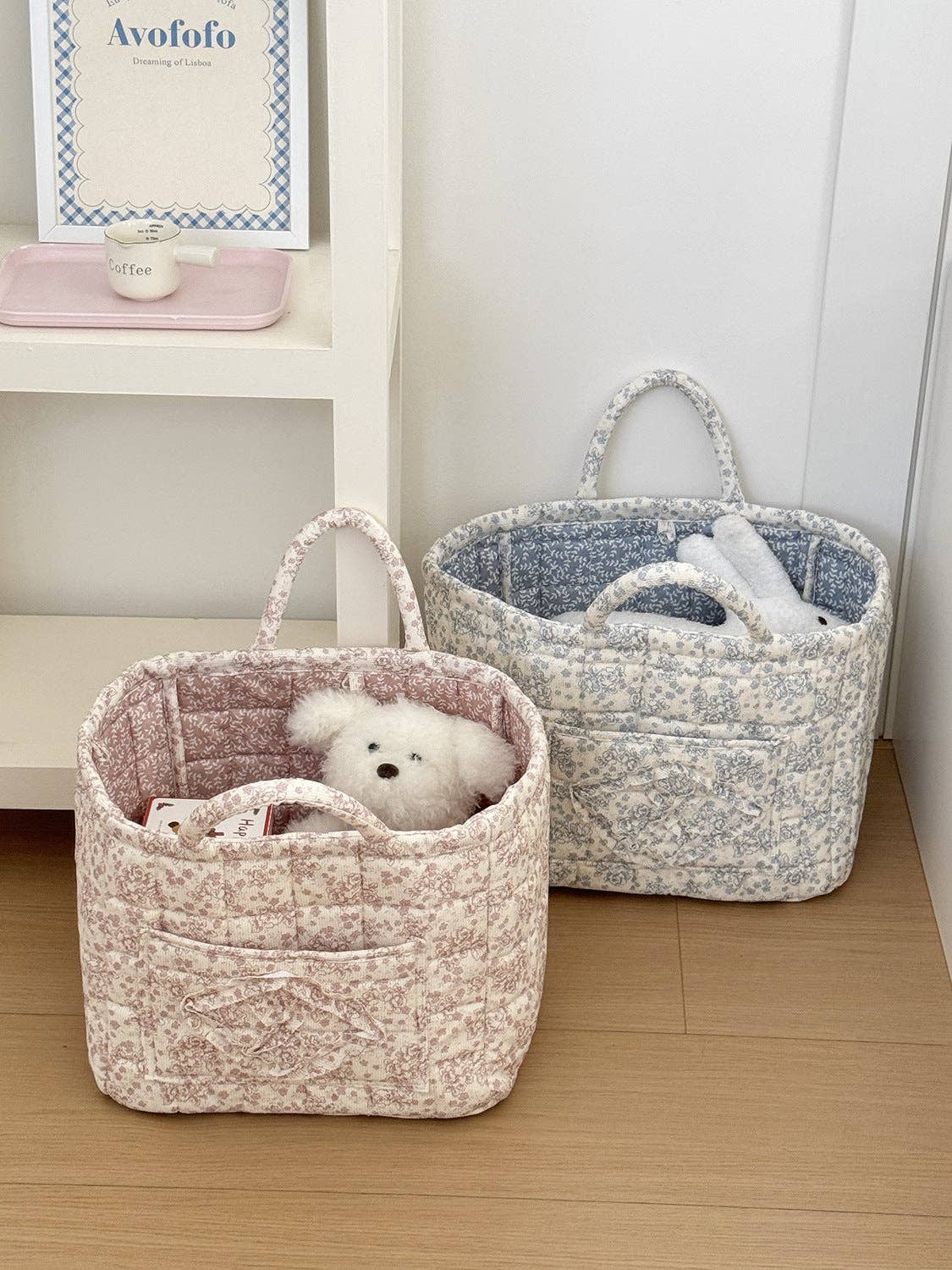 Juniper Tide - Corduroy Floral Storage Tote: Blue