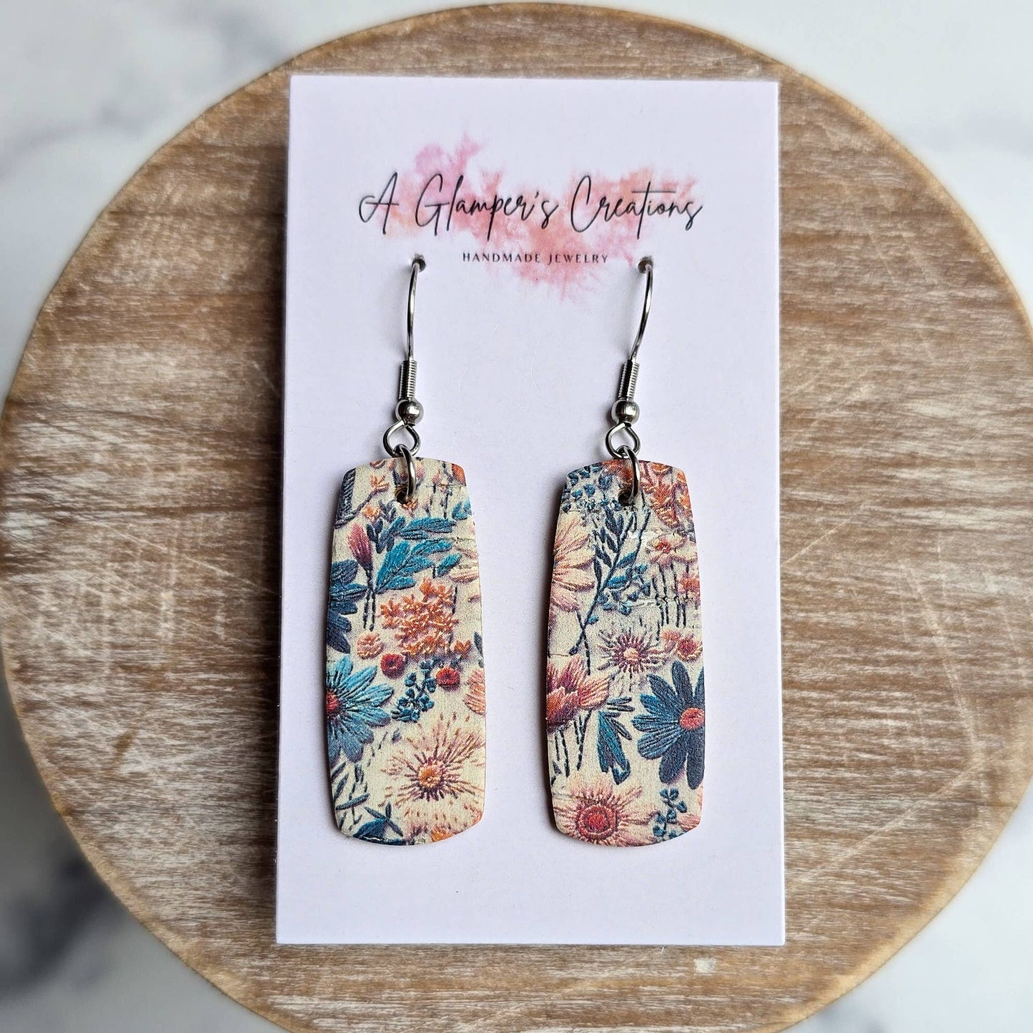 A Glamper's Creations LLC - Fall Faux Embroidery Floral Mini Bar Leather Earrings