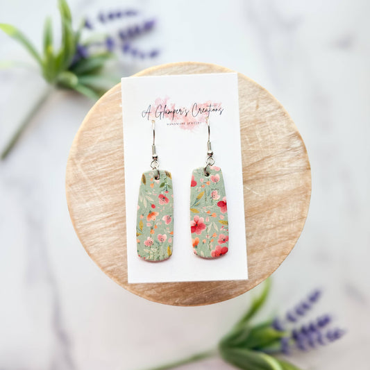 A Glamper's Creations LLC - Floral on Sage Mini Bar Leather Earrings