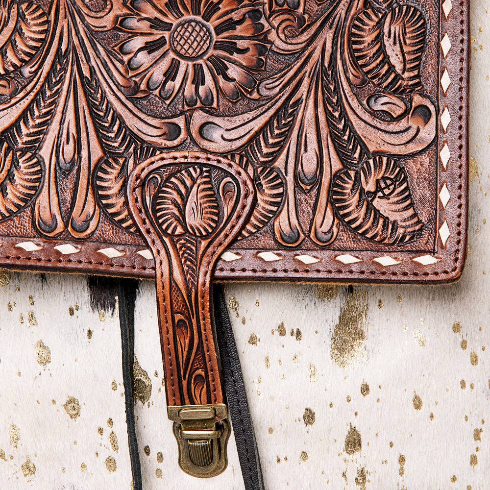 LS Western - LC-ADBGZ101ACGO Gold Speckled Cowhide Backpack with Hand-Tooled Floral Leather Flap - Western Boho Travel Bag: ADBGZ101ACGO