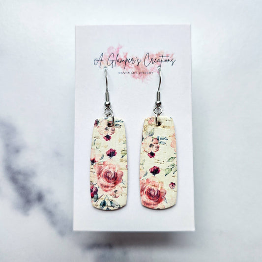 A Glamper's Creations LLC - Mauve Pink Floral Mini Bar Leather Earrings