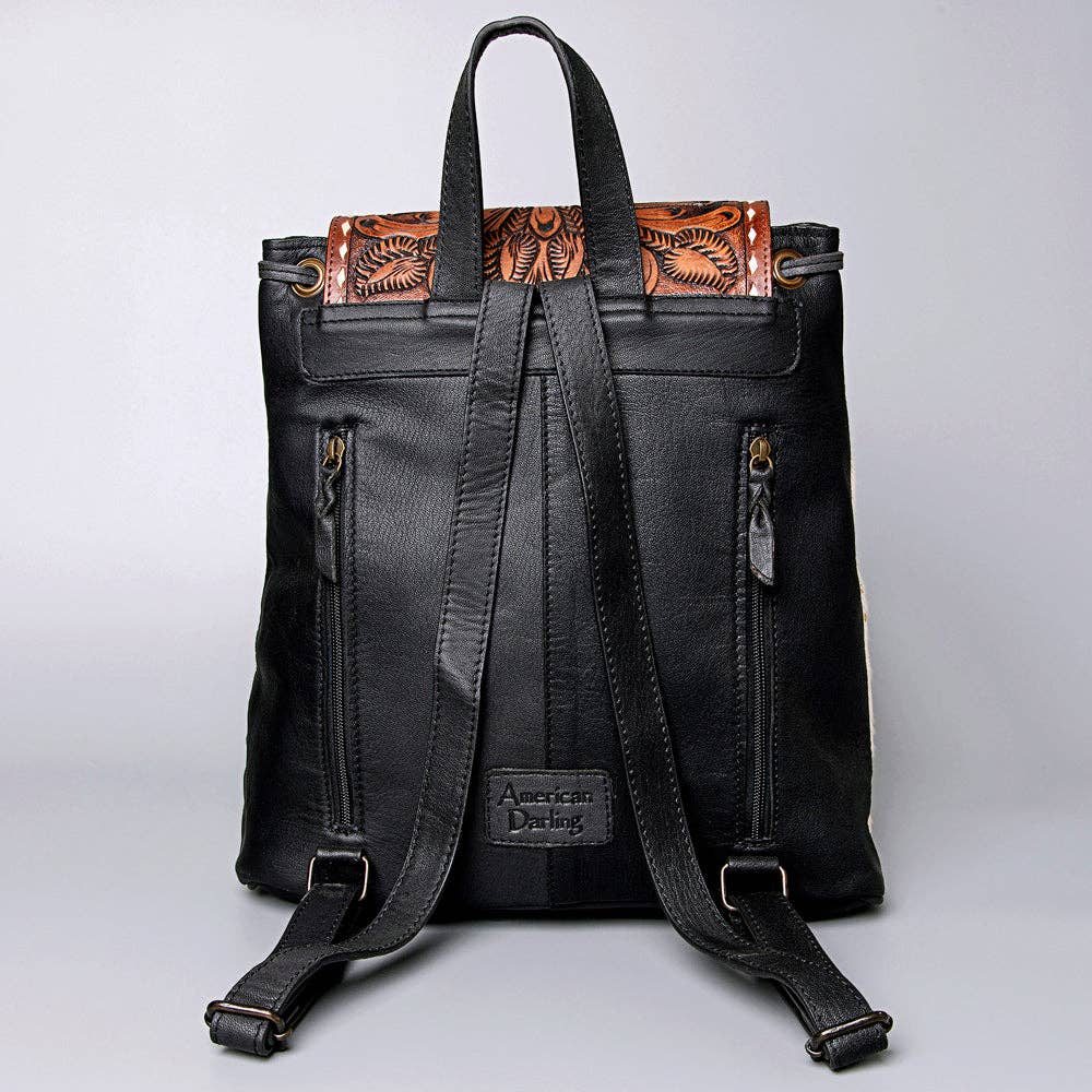 LS Western - LC-ADBGZ101ACGO Gold Speckled Cowhide Backpack with Hand-Tooled Floral Leather Flap - Western Boho Travel Bag: ADBGZ101ACGO