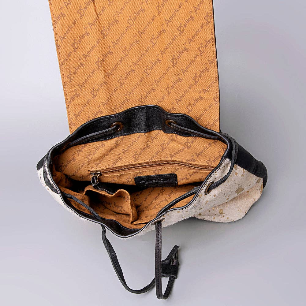 LS Western - LC-ADBGZ101ACGO Gold Speckled Cowhide Backpack with Hand-Tooled Floral Leather Flap - Western Boho Travel Bag: ADBGZ101ACGO