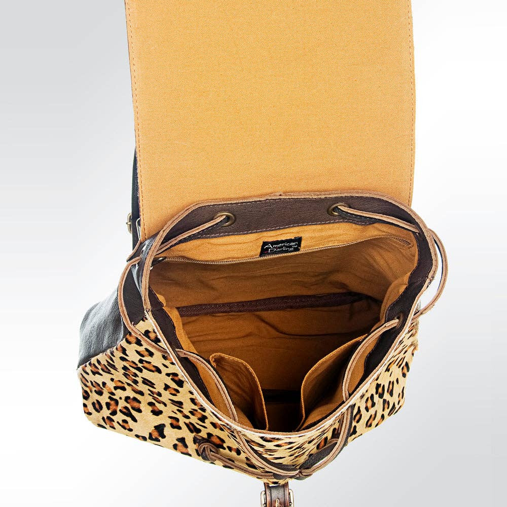 LS Western - LC-ADBGZ101CHE Leopard Print Cowhide Backpack with Floral Tooled Leather Flap - Western Chic: ADBGZ101CHE